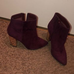 Burgundy booties, gold heel!